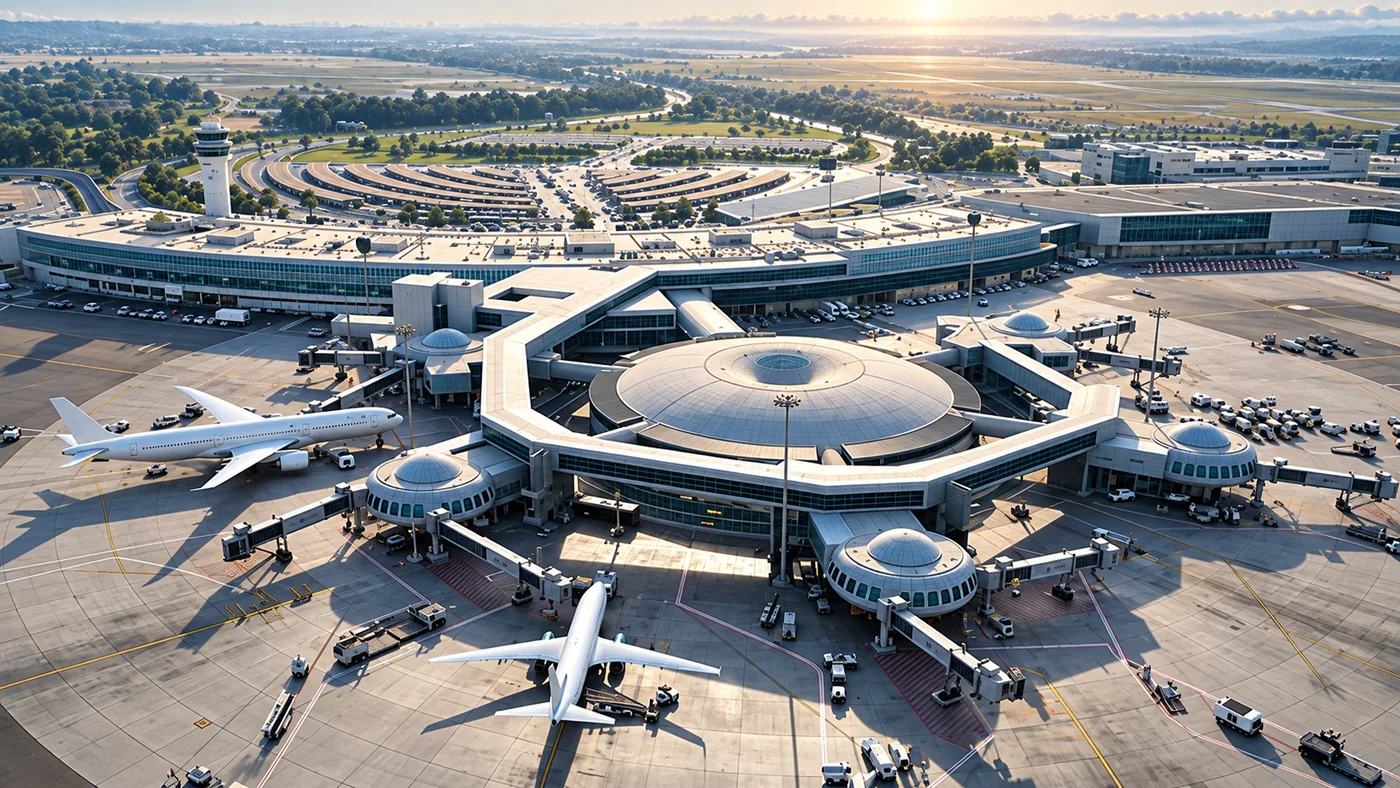 国际机场航站楼的高空俯拍与基础设施项目场景